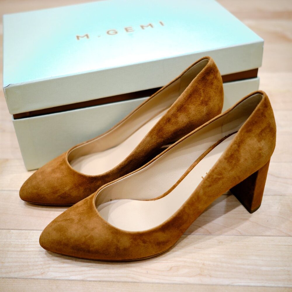 M GEMI Lustro 70mm Tan Suede Block Heels BRAND NEW